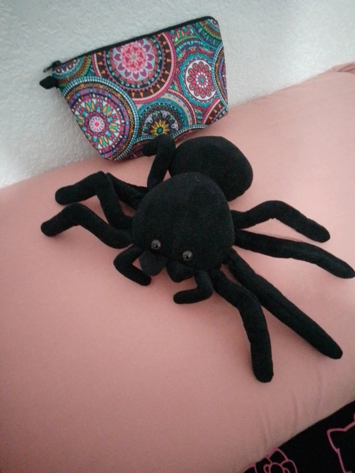 Peluche douce araignée noire + trousse